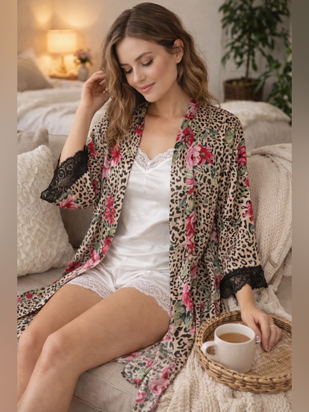 Linea Donatella Satin Kimono Floral Animal Lace Robe M Romantic Chic